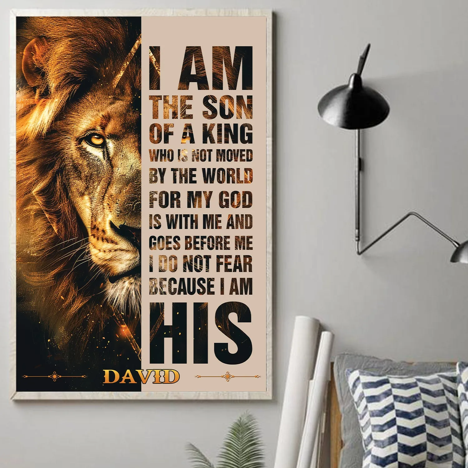 Teesdily | Customized Jesus Lion Of Judah, I Do Not Fear Because I Am His Poster, Son Of A King Art Painting, Christian Poster Canvas, Home Decor