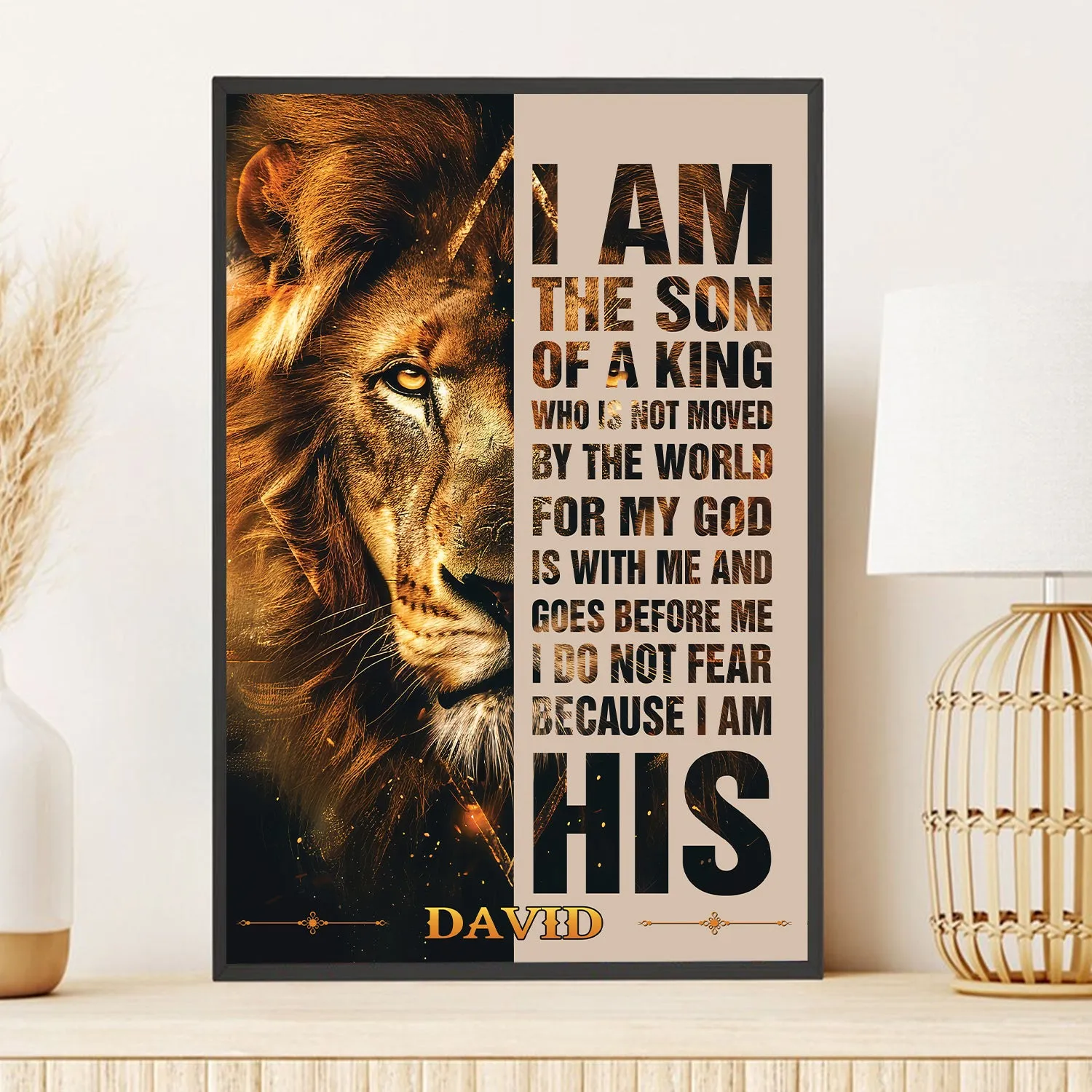 Teesdily | Customized Jesus Lion Of Judah, I Do Not Fear Because I Am His Poster, Son Of A King Art Painting, Christian Poster Canvas, Home Decor