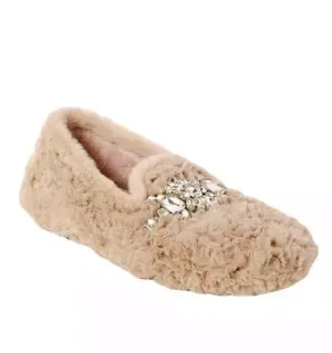 The Faux Fur Jeweled Slipper in Parchment