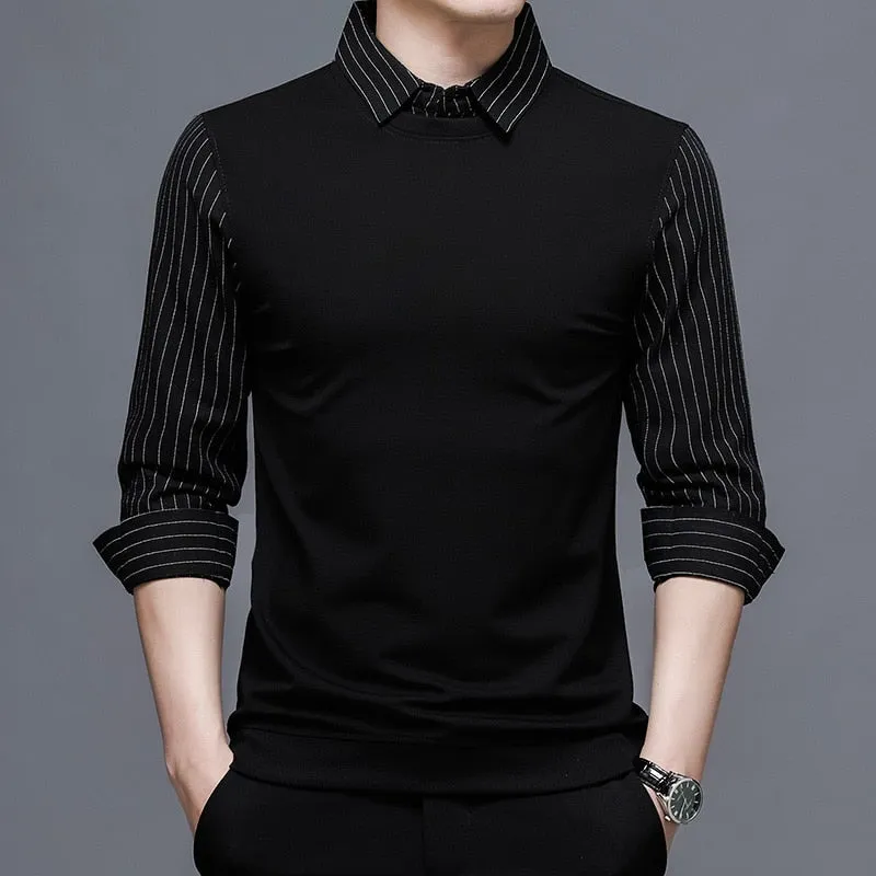 Top Grade Two New Fashion Brand Slim Fit Black Striped Shirt For Men Fasion Long Sleeve Korean College Casual Mans Clothes