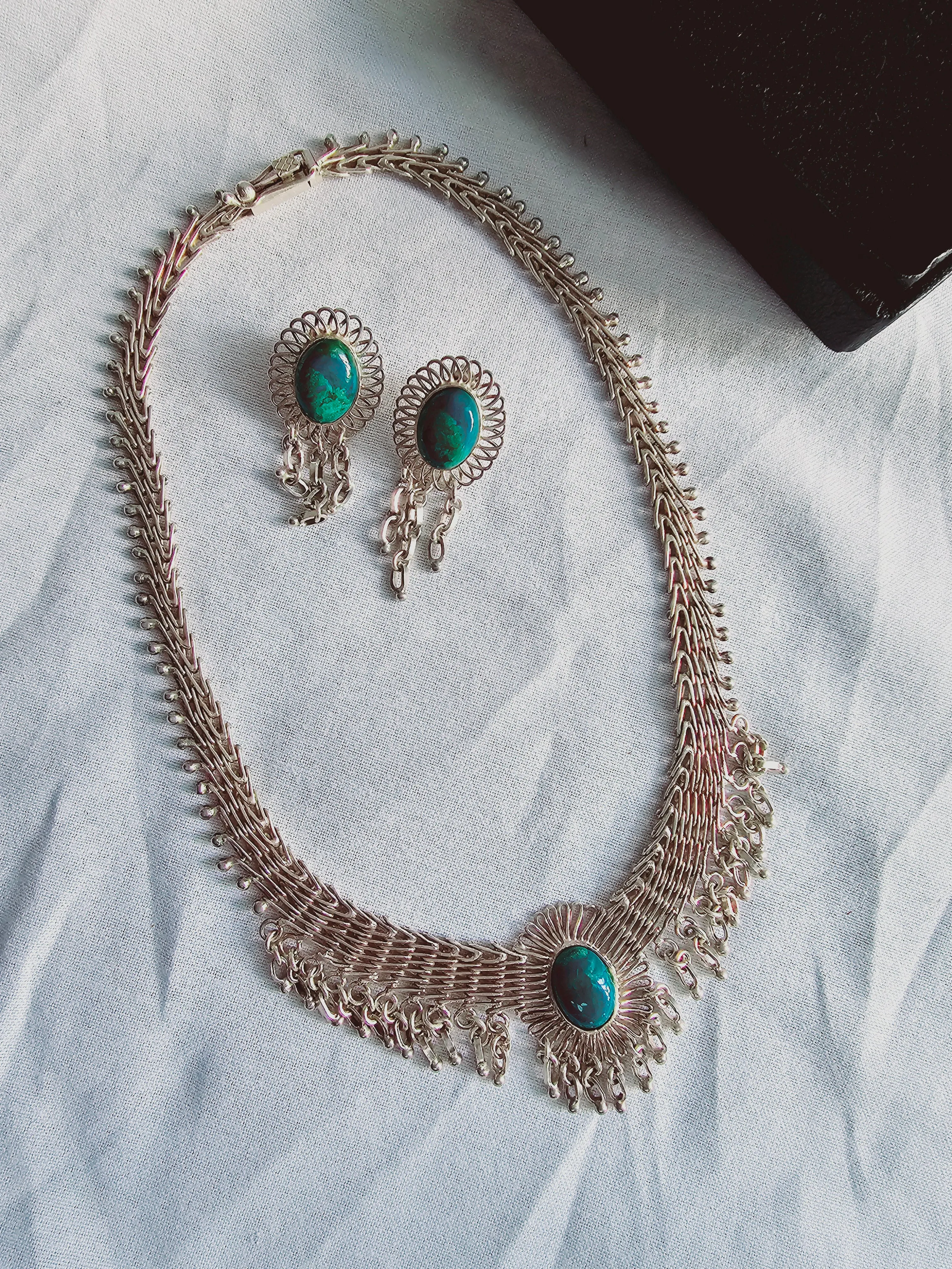 Vintage Art Deco sterling silver fine jewelry set Turquoise stones