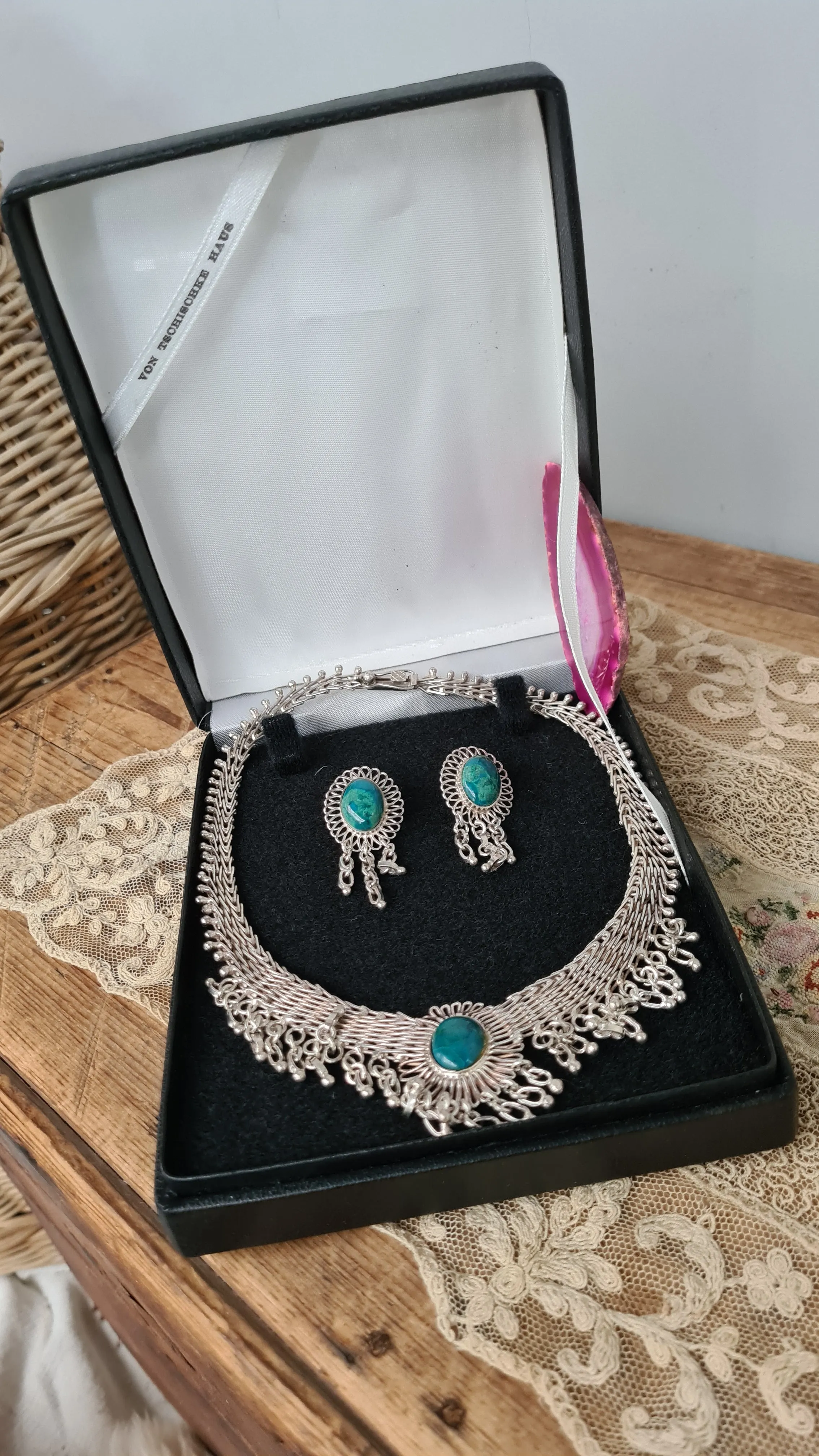 Vintage Art Deco sterling silver fine jewelry set Turquoise stones