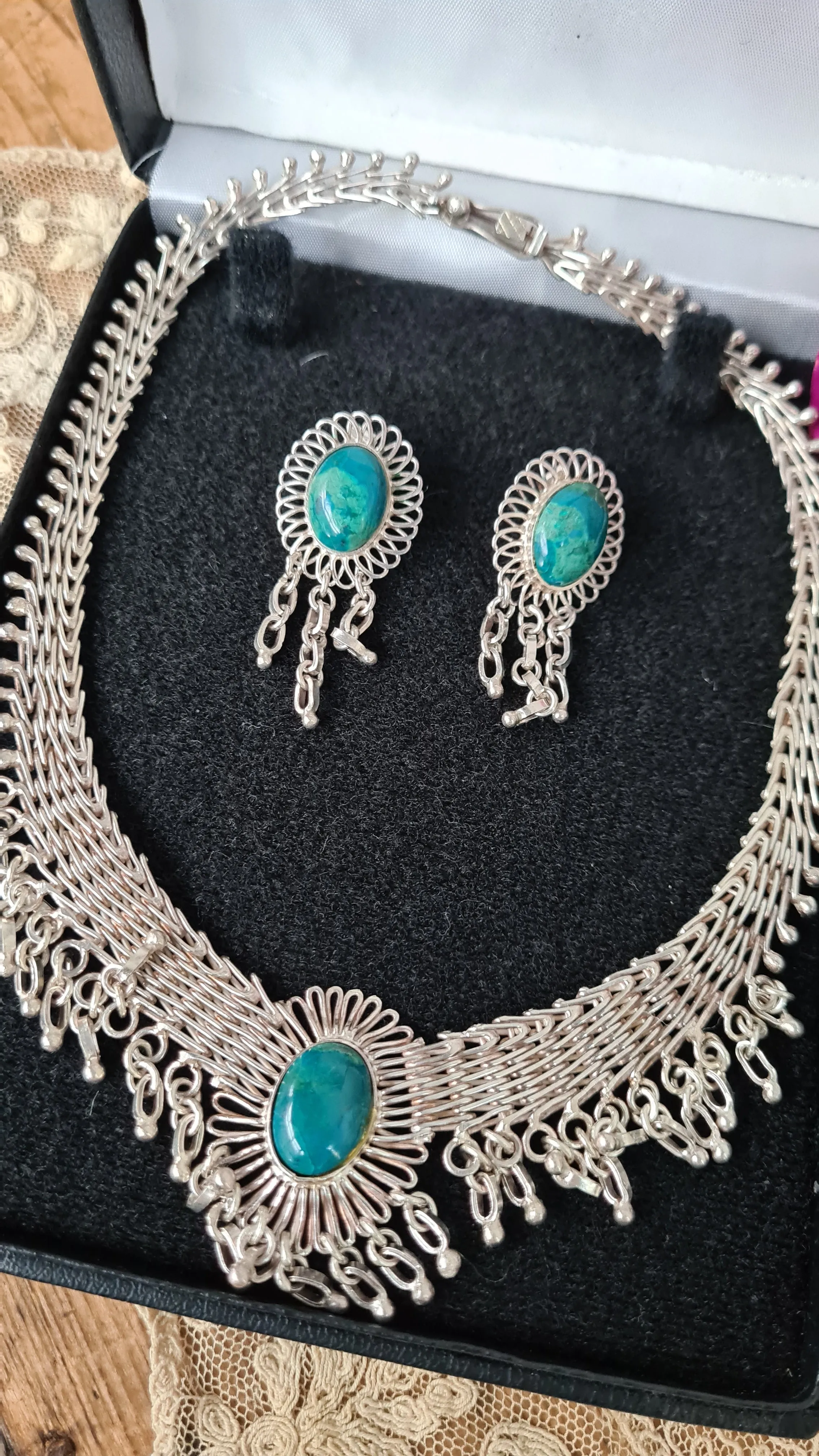 Vintage Art Deco sterling silver fine jewelry set Turquoise stones