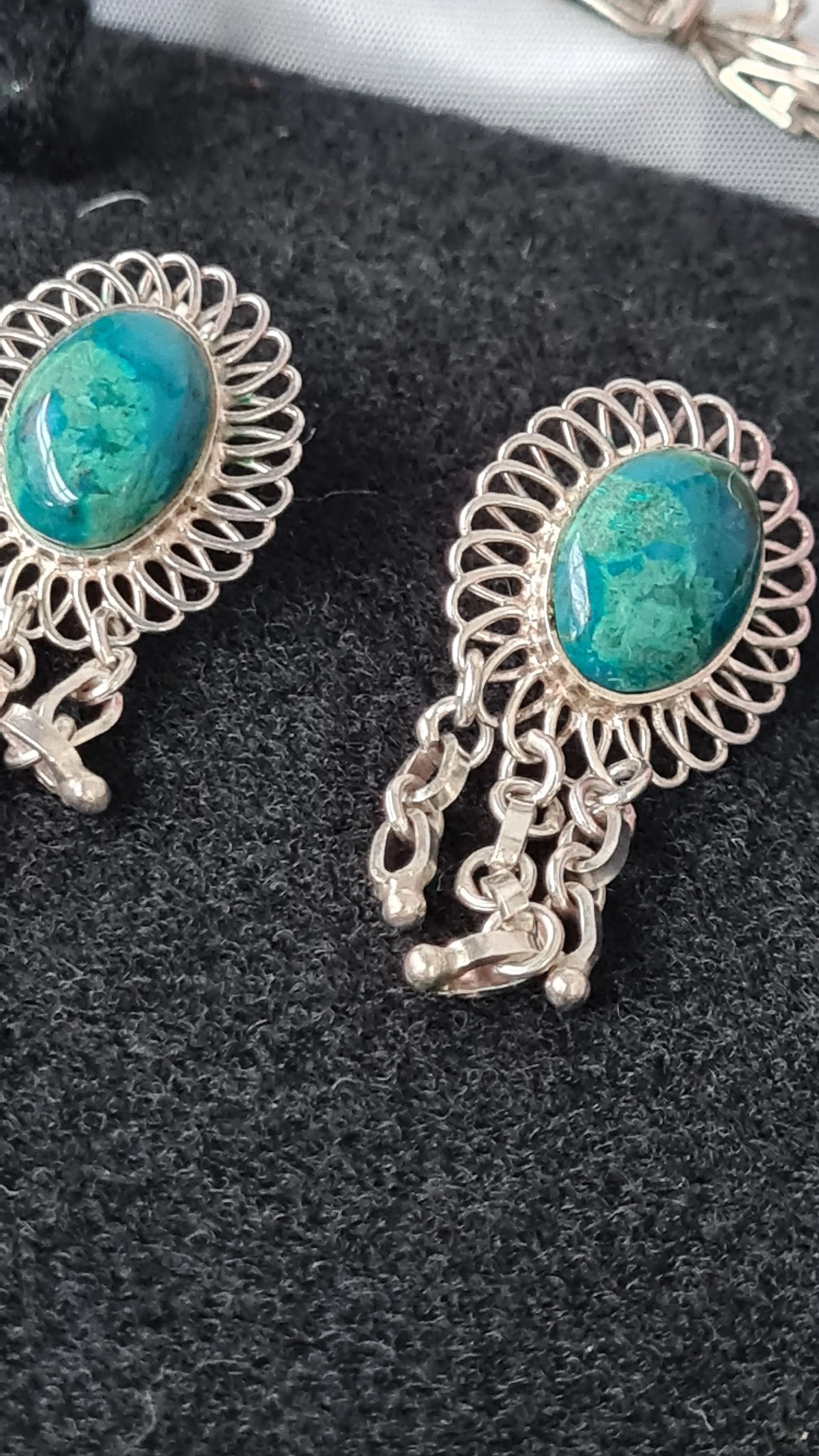 Vintage Art Deco sterling silver fine jewelry set Turquoise stones