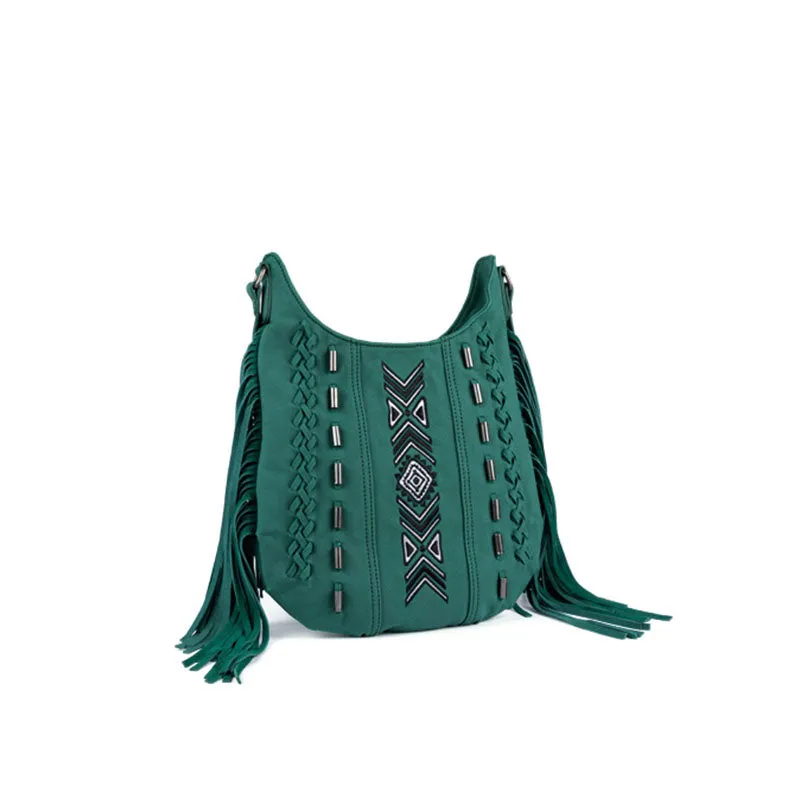 Vintage Green PU Leather Boho Fringe Crossbody Bag Purse for Women