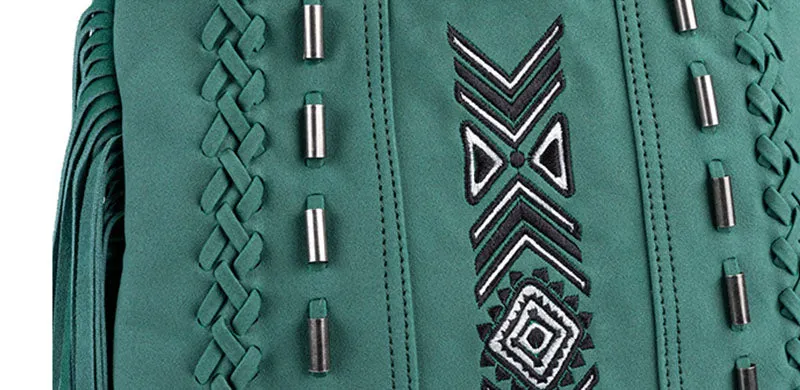 Vintage Green PU Leather Boho Fringe Crossbody Bag Purse for Women