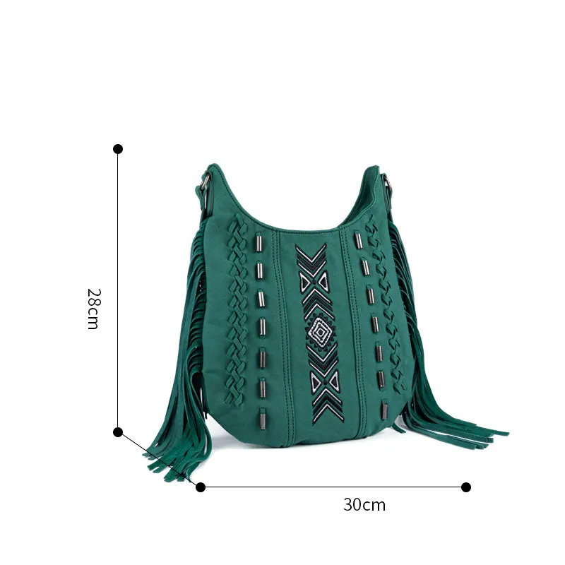 Vintage Green PU Leather Boho Fringe Crossbody Bag Purse for Women