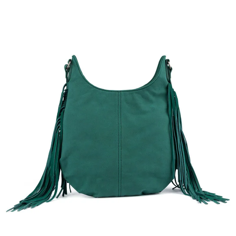 Vintage Green PU Leather Boho Fringe Crossbody Bag Purse for Women