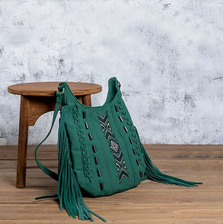 Vintage Green PU Leather Boho Fringe Crossbody Bag Purse for Women