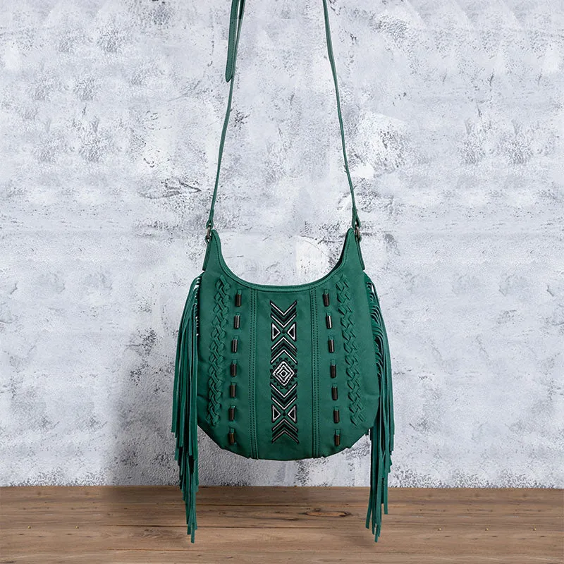 Vintage Green PU Leather Boho Fringe Crossbody Bag Purse for Women