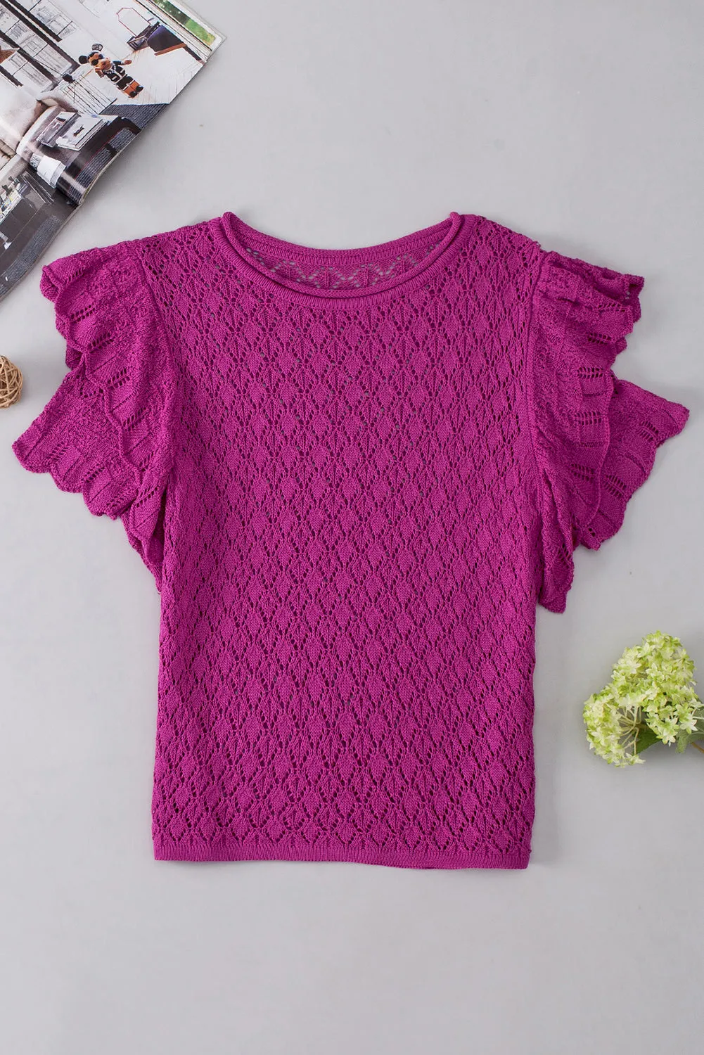 Violet Ruffled Short Sleeve Textured Knit Sweater