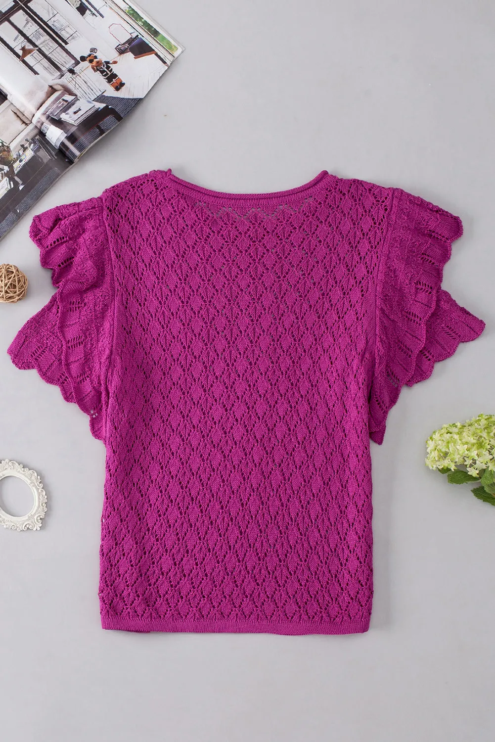 Violet Ruffled Short Sleeve Textured Knit Sweater