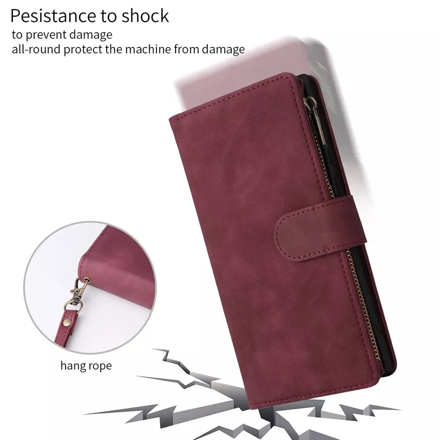 Wallet Multi-card Zipper Leather Case For Samsung Galaxy S23 Ultra S22 S21 Ultra S20 FE S10 S9 S8 Plus Note 20 Ultra 10 Lite 9