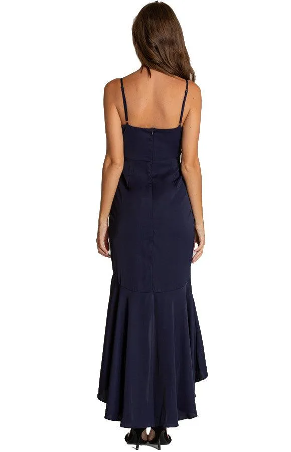 Women's Navy V-neckline Formal Dress with Waterfall Hemline