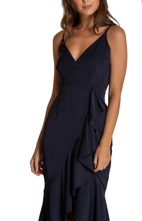 Women's Navy V-neckline Formal Dress with Waterfall Hemline