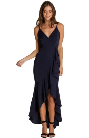 Women's Navy V-neckline Formal Dress with Waterfall Hemline