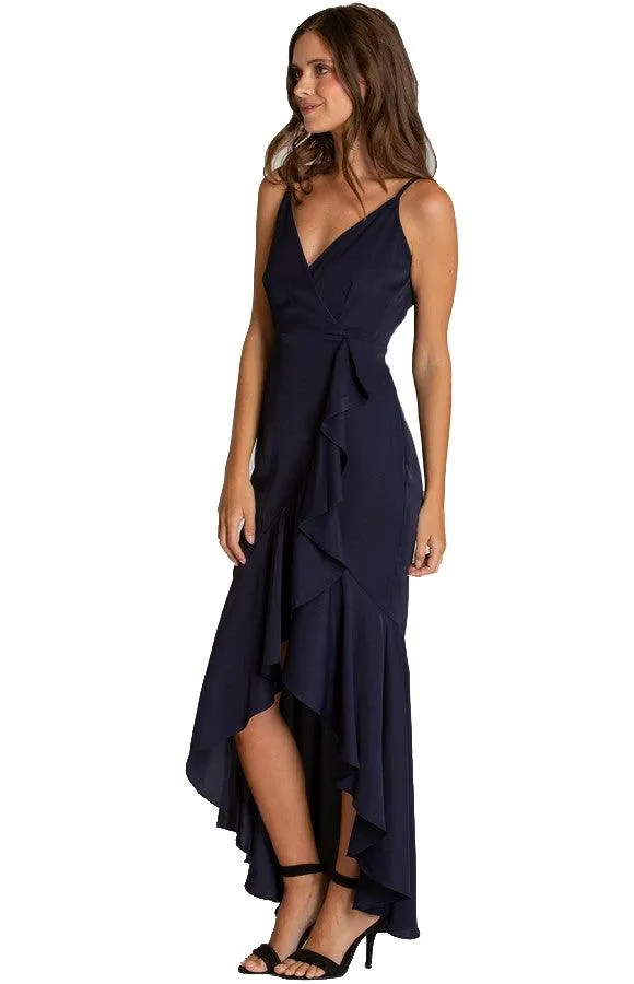 Women's Navy V-neckline Formal Dress with Waterfall Hemline