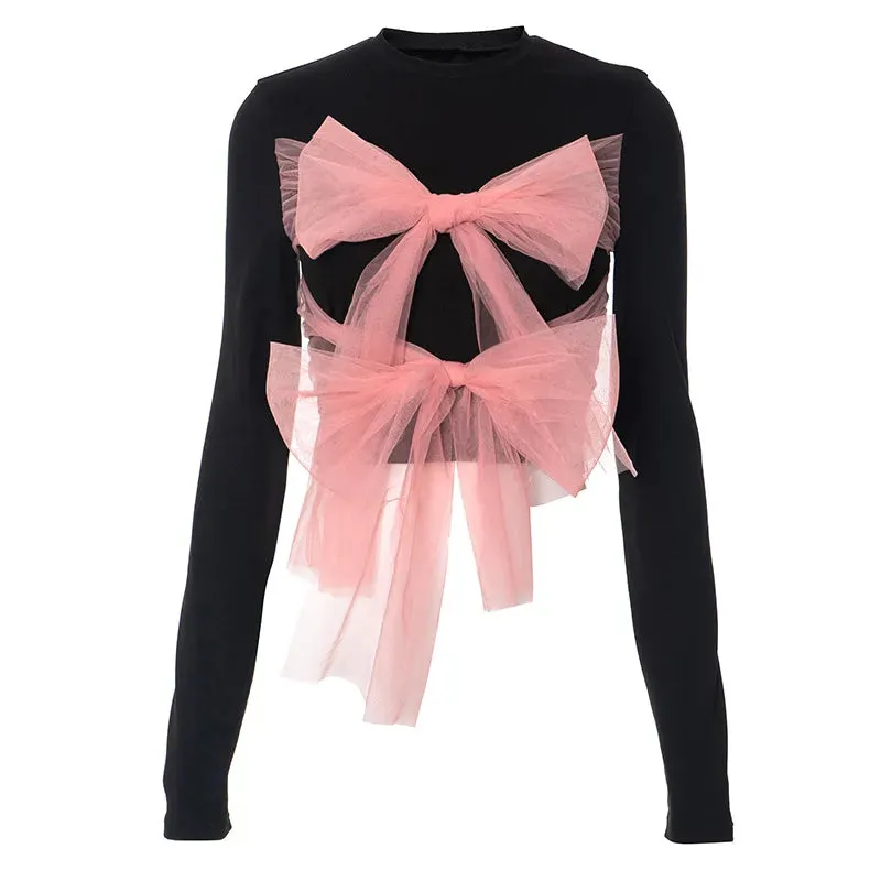 Y2k Cute Core Pink Mesh Bow Tie Crop Tops Long Sleeve Womens T Shirts Coquette Clothes Aesthetic P85-BH17