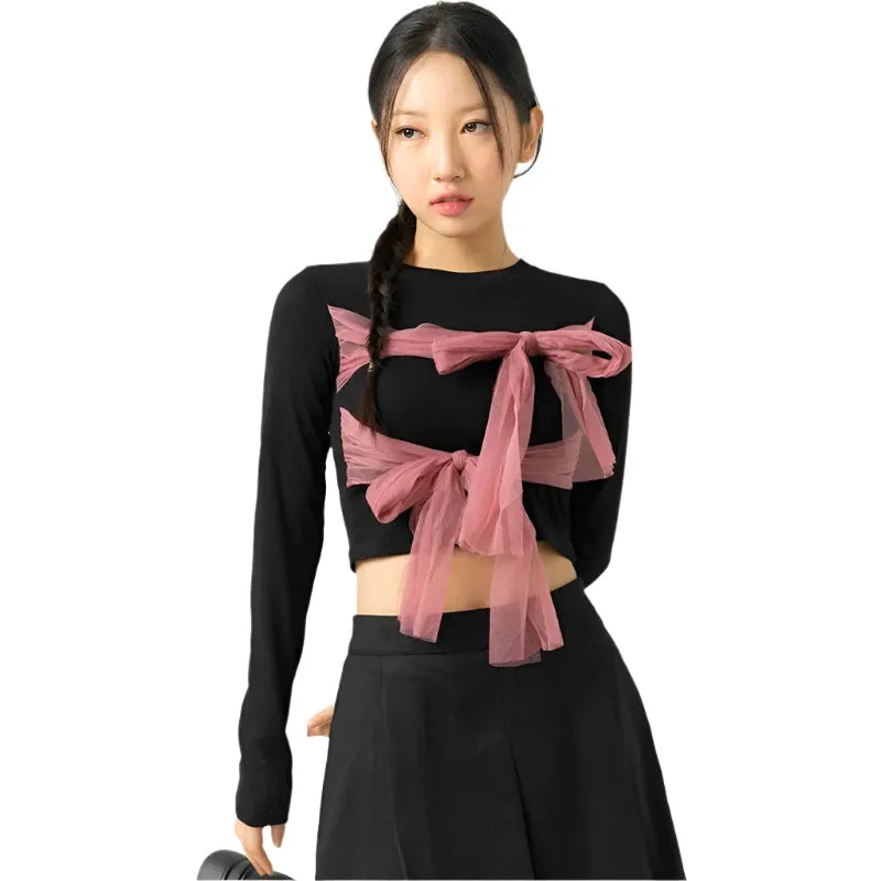 Y2k Cute Core Pink Mesh Bow Tie Crop Tops Long Sleeve Womens T Shirts Coquette Clothes Aesthetic P85-BH17