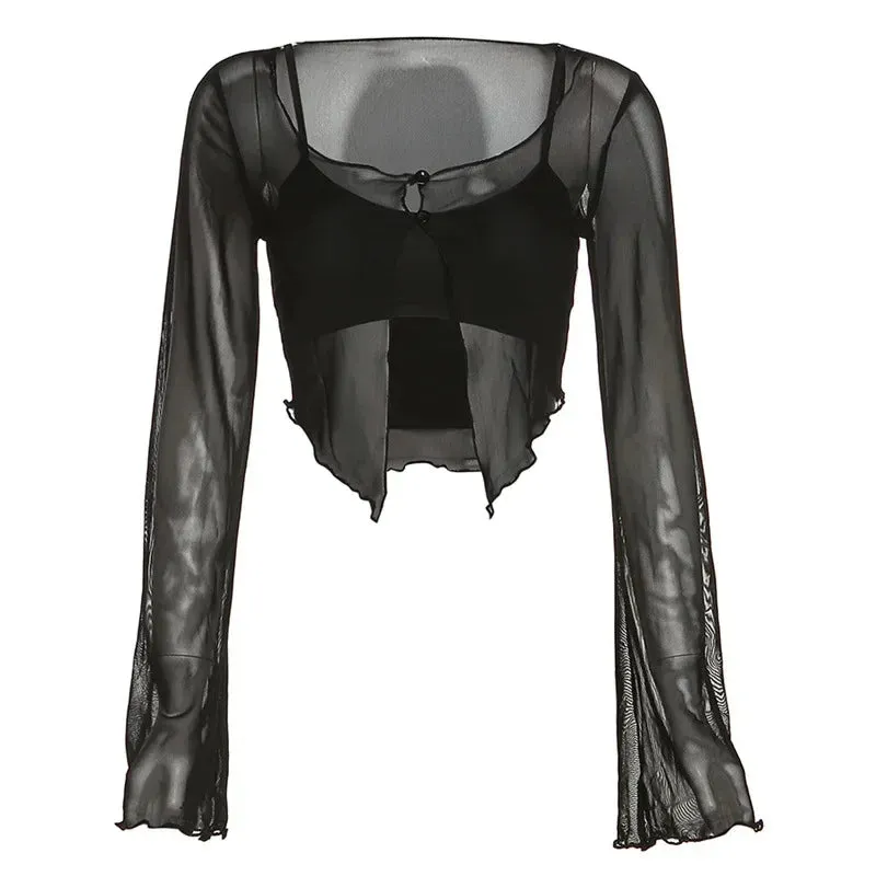 Y2k Sexy Long Sleeve Crop Tops Black Shirts 2 Piece Set Irregular Mesh See Through Cardigan and Camis P71-BE13