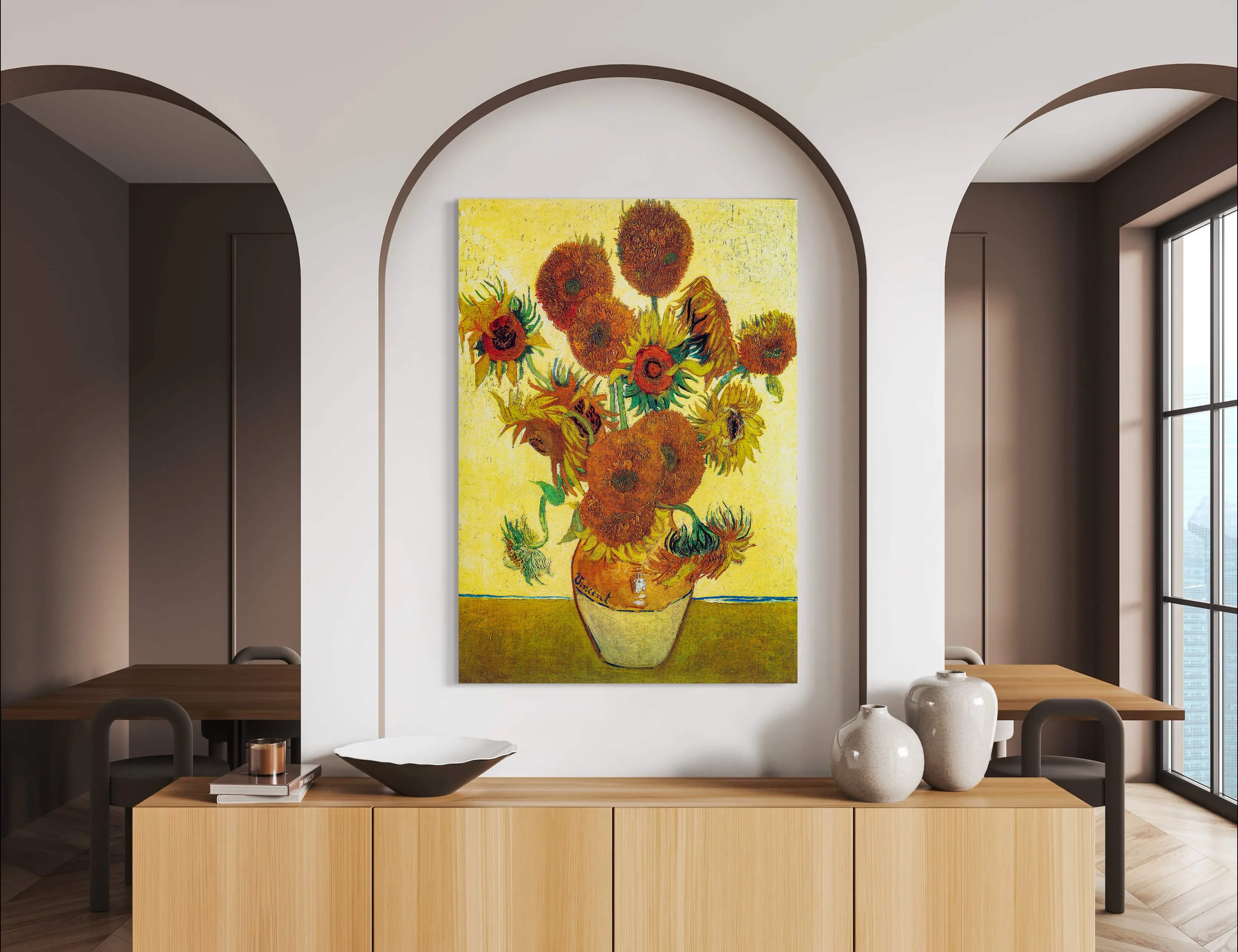 Yellow Sunflowers - Painted by Vincent Van-Gogh - Circa. 1888. High Quality Polyester Cotton Canvas Print. Ready to be Framed. Available in One Large Size. 70cm X 100cm. Stretched Canvas Option Available in One (1) Large Size - 70cm x 100.